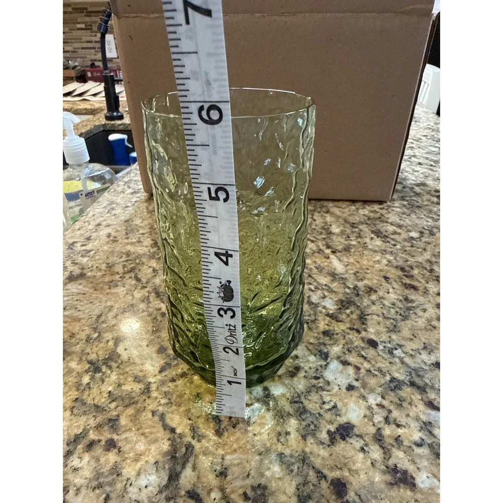 Vintage MCM Olive Green Bark Textured Glass Vase 6.5 Inch Retro Crinkle Cylinder